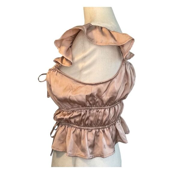 Forever 21 Satin Ruffle Trim Tie Front Top Pale Peach Square Neck Cropped S - Picture 4 of 9